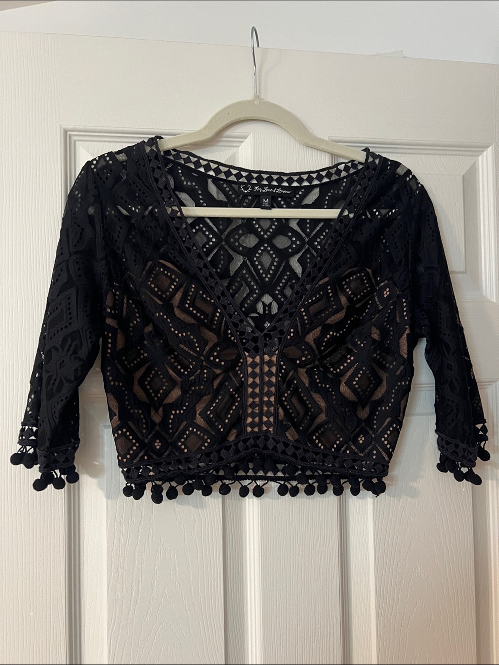 For Love And Lemons Black Crochet Pom-Pom Crop Top